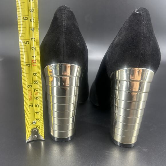 Nine West Zealand Womens 8.5M Black Suede Pointed Toe Dress Pumps Chrome Stacked - Picture 4 of 9